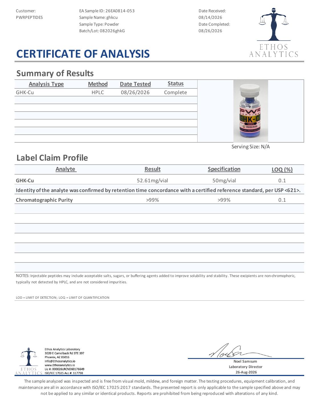 Certificate of Analysis for GHK-CU 50mg, lot 082026ghkG — 52.61 mg/vial vs 50 mg/vial, purity >99%