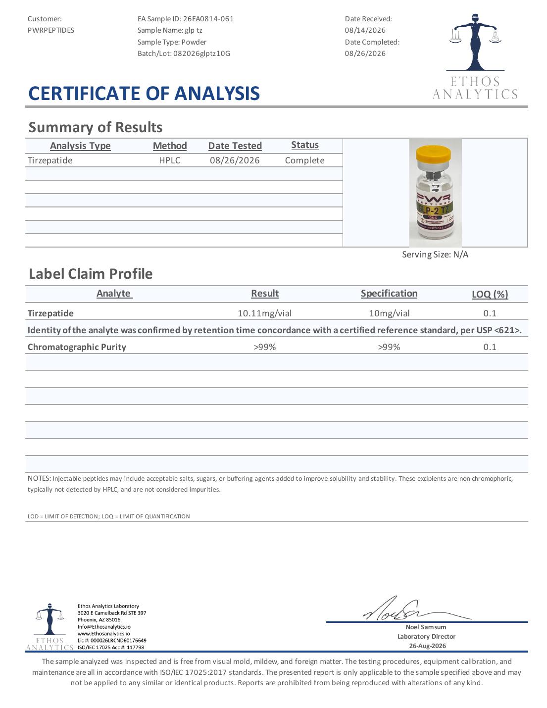 Certificate of Analysis for TZ 10mg, lot 082026glptz10G — 10.11 mg/vial vs 10 mg/vial, purity >99%