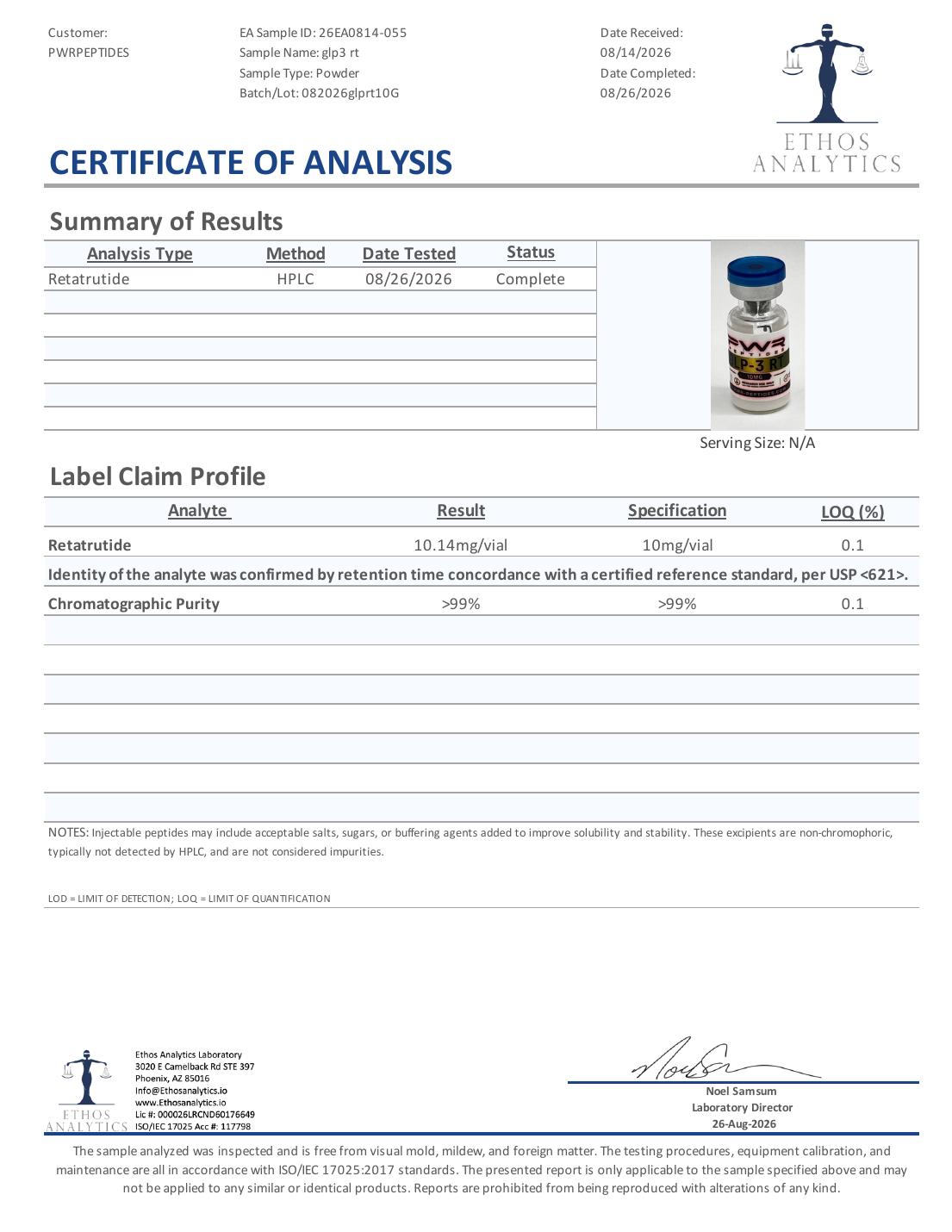 Certificate of Analysis for RT 10mg, lot 082026glprt10G — 10.14 mg/vial vs 10 mg/vial, purity >99%