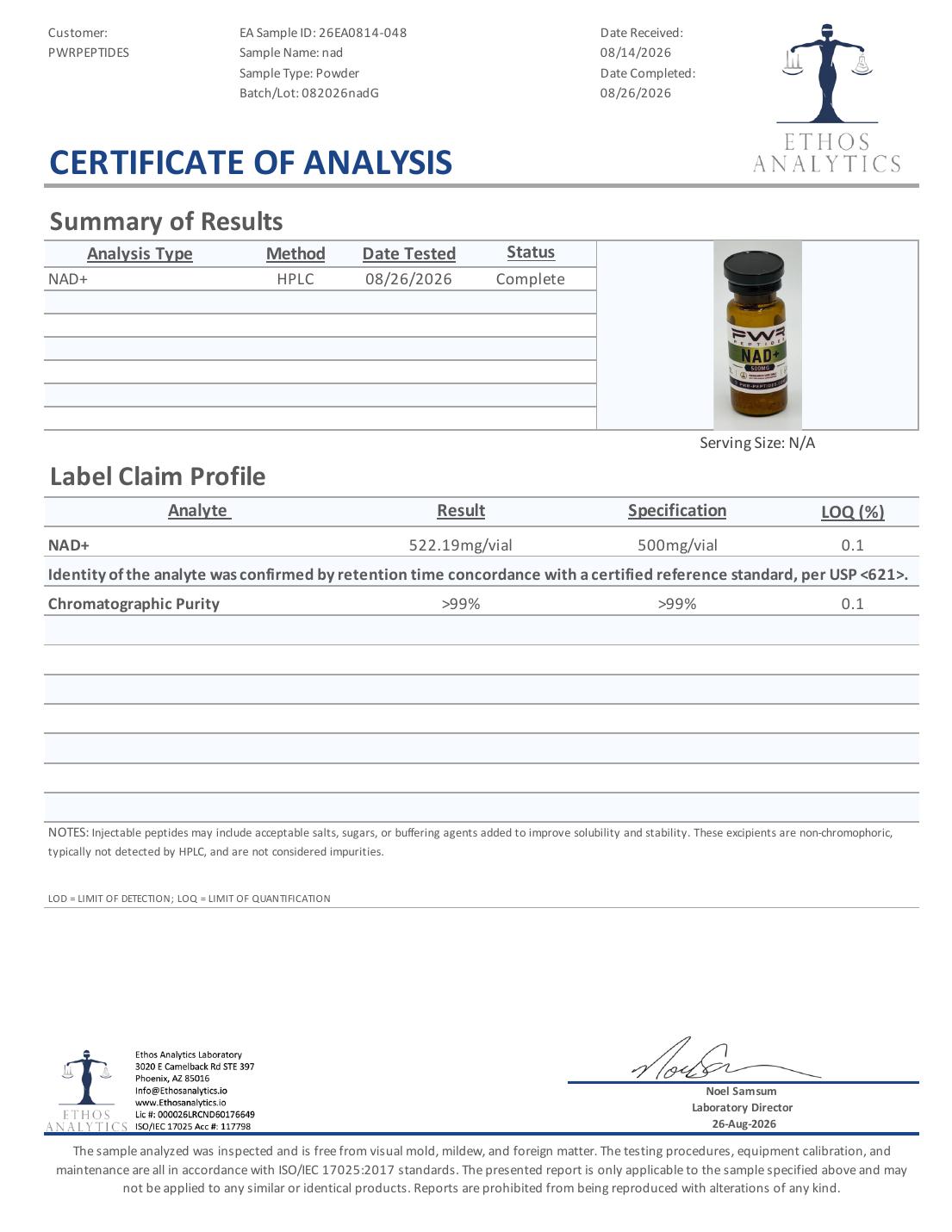 Certificate of Analysis for NAD 500mg, lot 082026nadG — 522.19 mg/vial vs 500 mg/vial, purity >99%