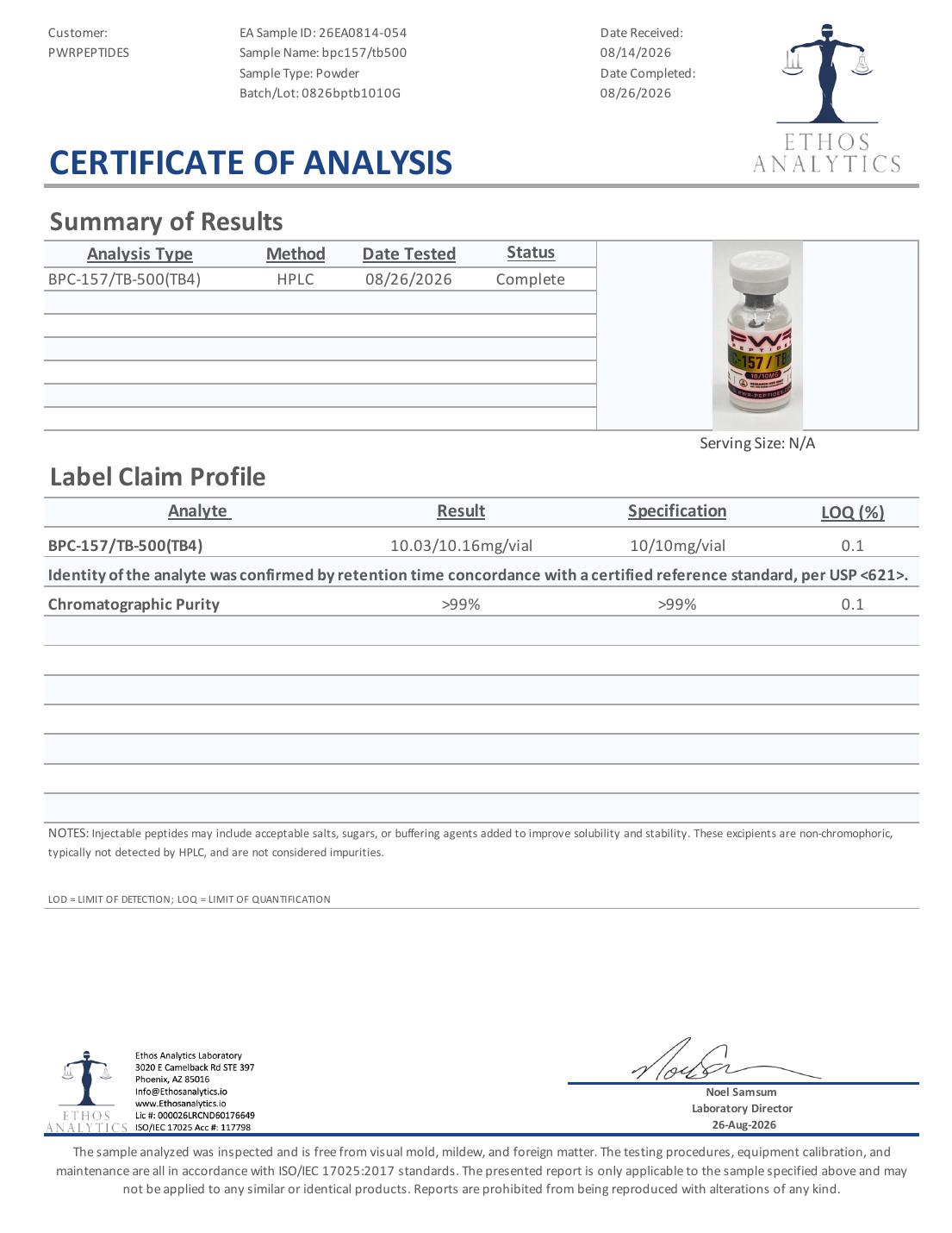 Certificate of Analysis for Wolverine Blend 20mg, lot 0826bptb1010G — 10.03 / 10.16 mg/vial vs 10 / 10 mg/vial, purity >99%