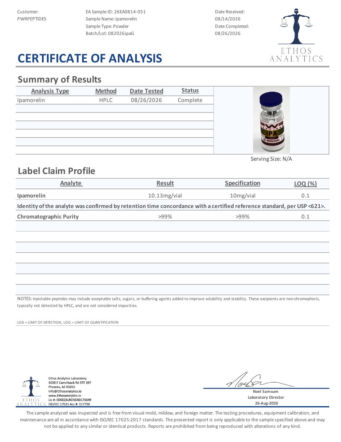Certificate of Analysis for IPA 10mg, lot 082026ipaG — 10.13 mg/vial vs 10 mg/vial, purity >99%