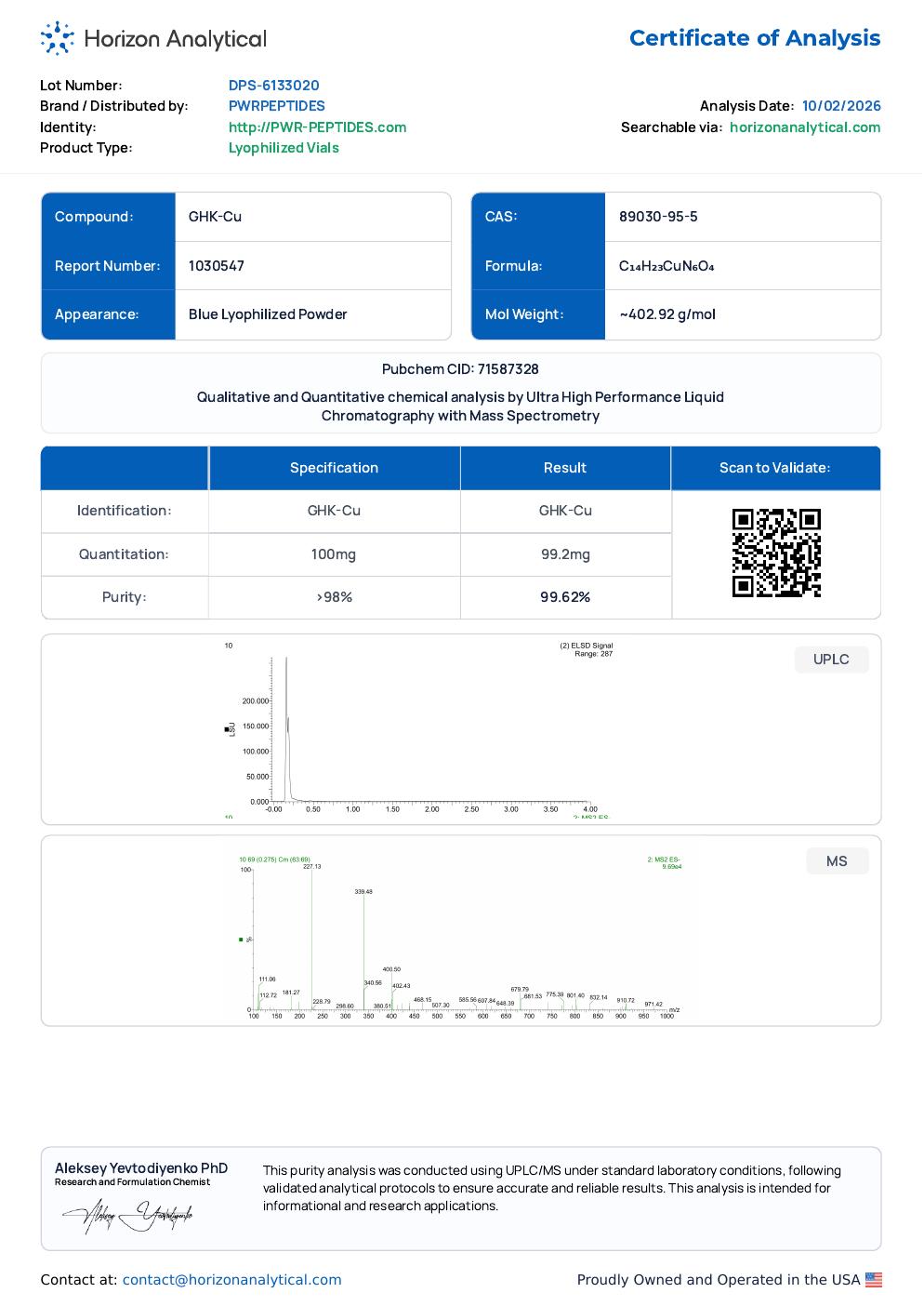 GHK-Cu Certificate of Analysis, lot DPS-6133020, tested 10/02/2026, 100 mg/vial, purity 99.62%