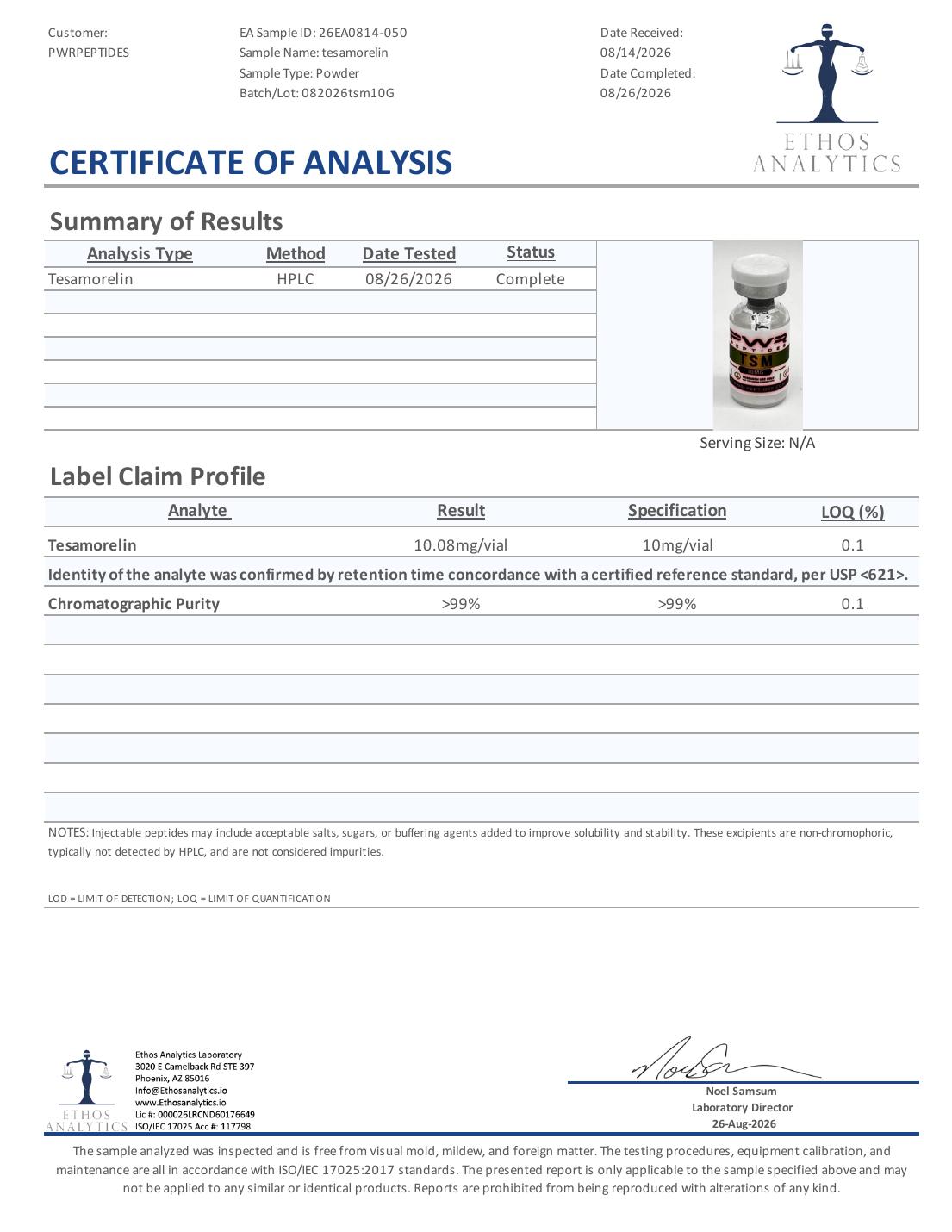 Certificate of Analysis for TSM 10mg, lot 082026tsm10G — 10.08 mg/vial vs 10 mg/vial, purity >99%
