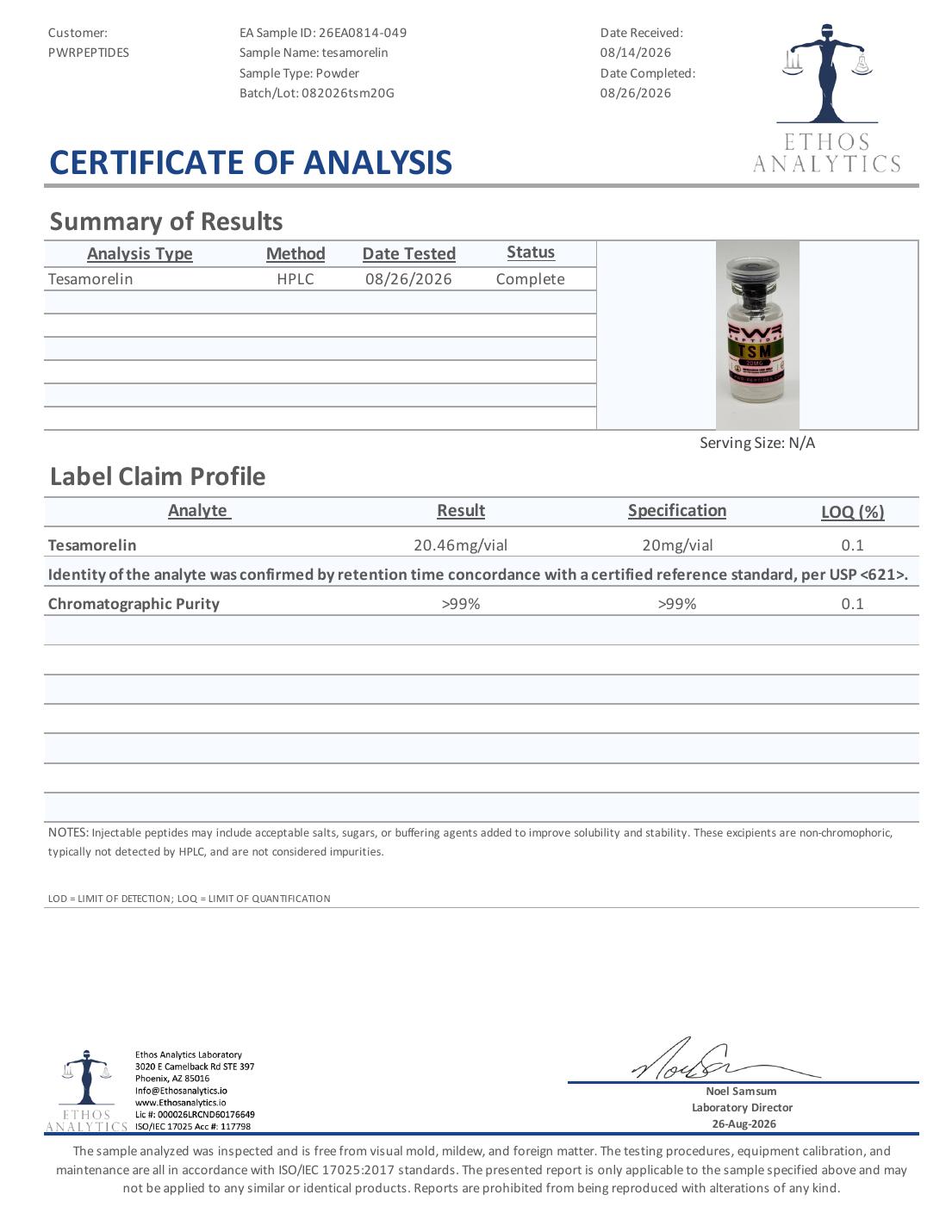 Certificate of Analysis for TSM 20mg, lot 082026tsm20G — 20.46 mg/vial vs 20 mg/vial, purity >99%