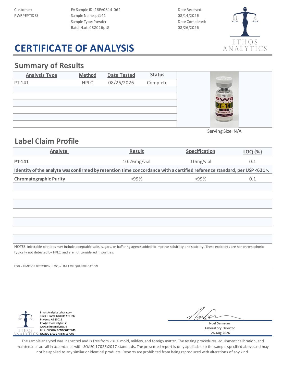 Certificate of Analysis for PT 10mg, lot 082026ptG — 10.26 mg/vial vs 10 mg/vial, purity >99%