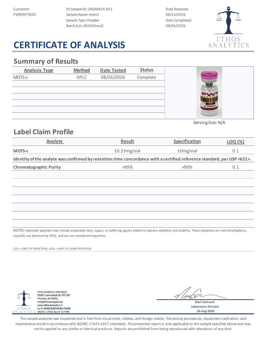 Certificate of Analysis for MS 10mg, lot 082026msG — 10.23 mg/vial vs 10 mg/vial, purity >99%