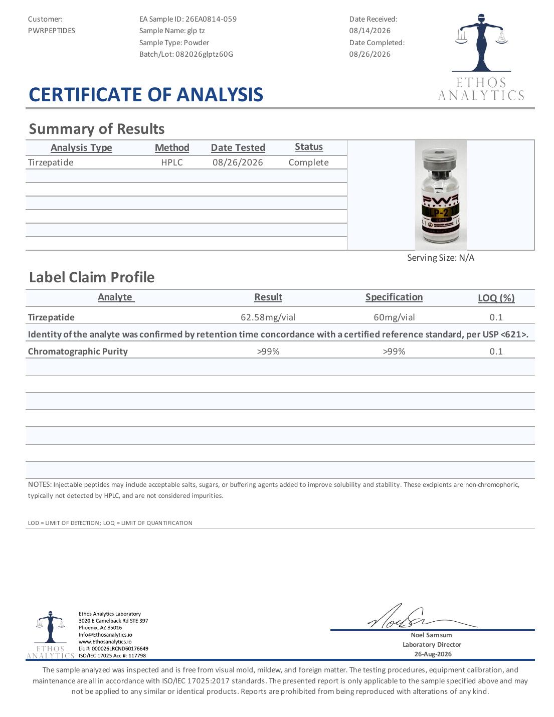 Certificate of Analysis for TZ 60mg, lot 082026glptz60G — 62.58 mg/vial vs 60 mg/vial, purity >99%