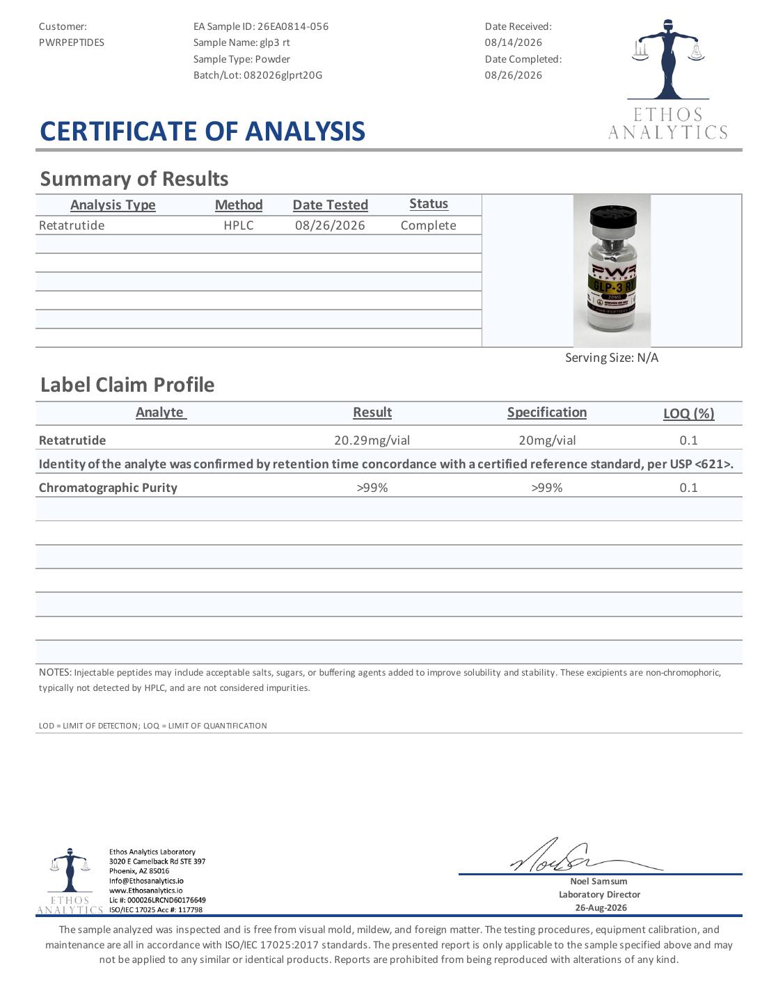Certificate of Analysis for RT 20mg, lot 082026glprt20G — 20.29 mg/vial vs 20 mg/vial, purity >99%