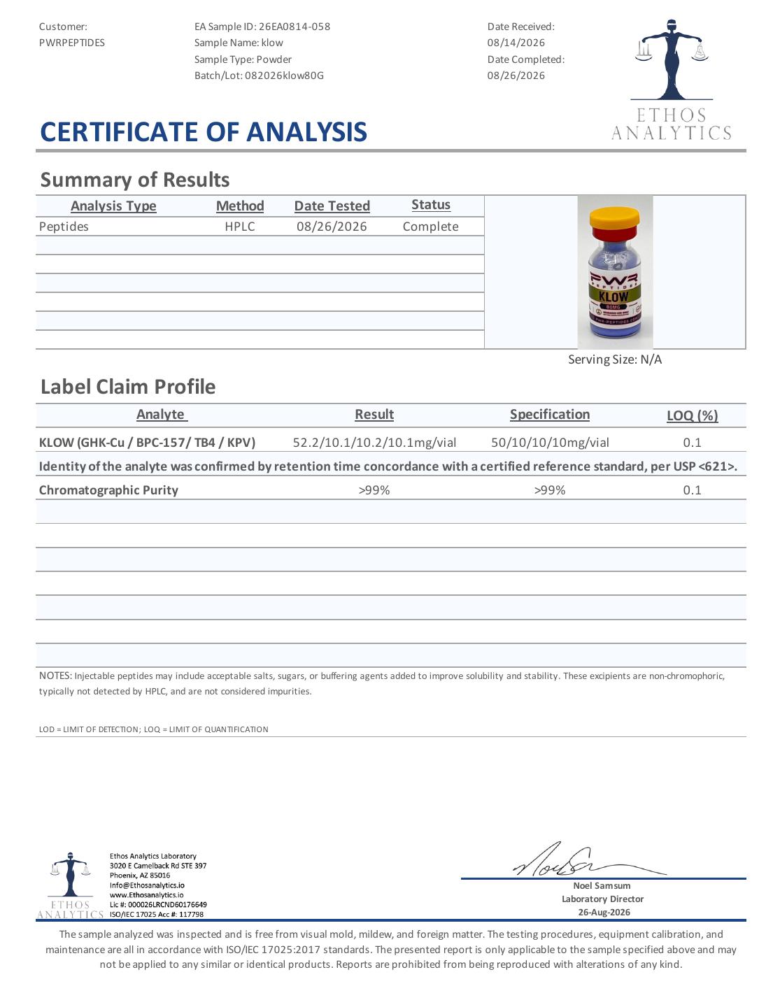 Certificate of Analysis for Klow 80mg, lot 082026klow80G — 52.2 / 10.1 / 10.2 / 10.1 mg/vial vs 50 / 10 / 10 / 10 mg/vial, purity >99%