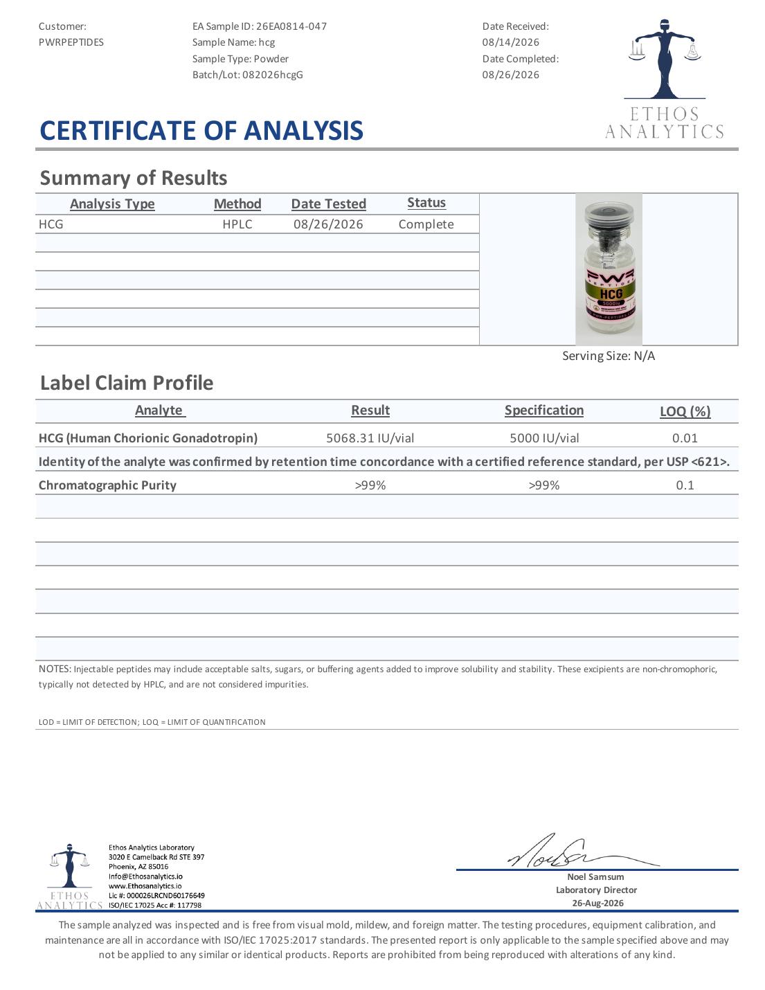 Certificate of Analysis for HCG 5000iu, lot 082026hcgG — 5068.31 IU/vial vs 5000 IU/vial, purity >99%