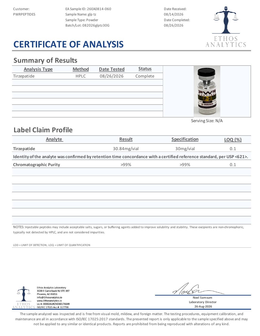 Certificate of Analysis for TZ 30mg, lot 082026glptz30G — 30.84 mg/vial vs 30 mg/vial, purity >99%