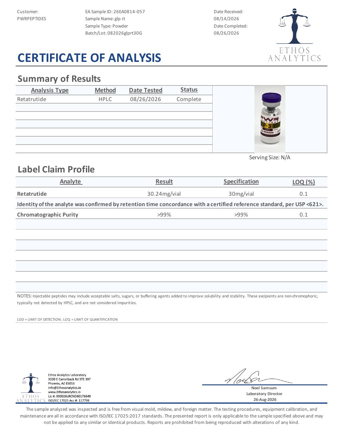 Certificate of Analysis for RT 30mg, lot 082026glprt30G — 30.24 mg/vial vs 30 mg/vial, purity >99%
