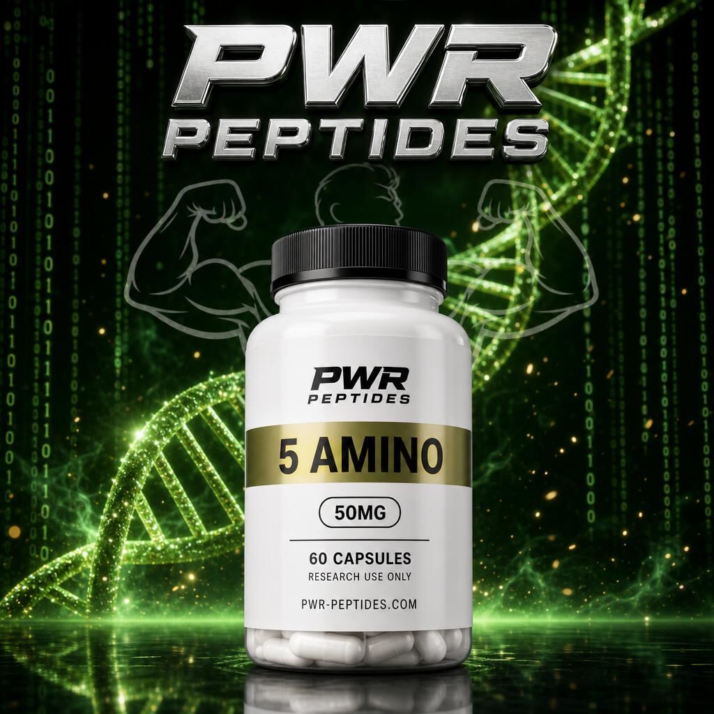 5 Amino 50mg research capsules — 60 caps bottle. 5-Amino-1MQ metabolic research capsule. Weight Management category, third-party tested by PWR Peptides.