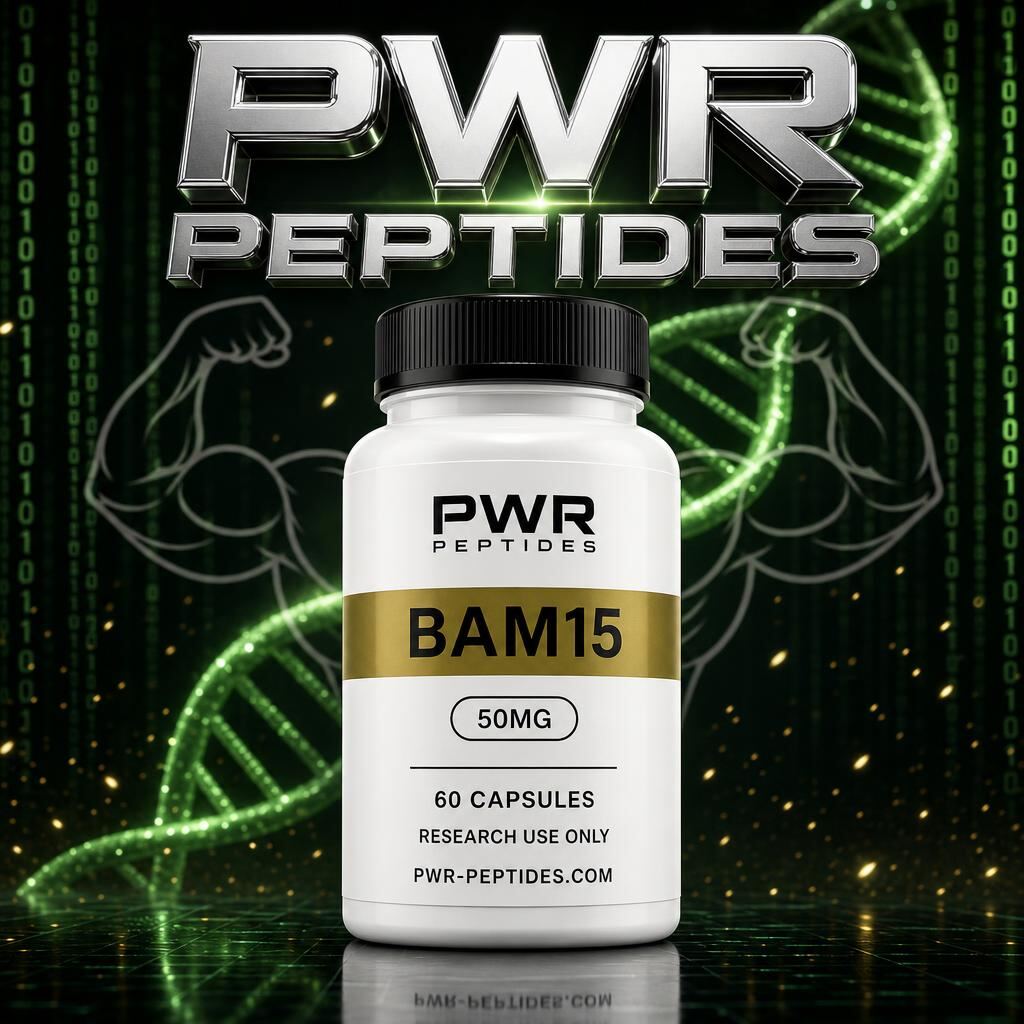 BAM15 50mg research capsules — 60 caps bottle. Mitochondrial uncoupler research capsule. Weight Management category, third-party tested by PWR Peptides.