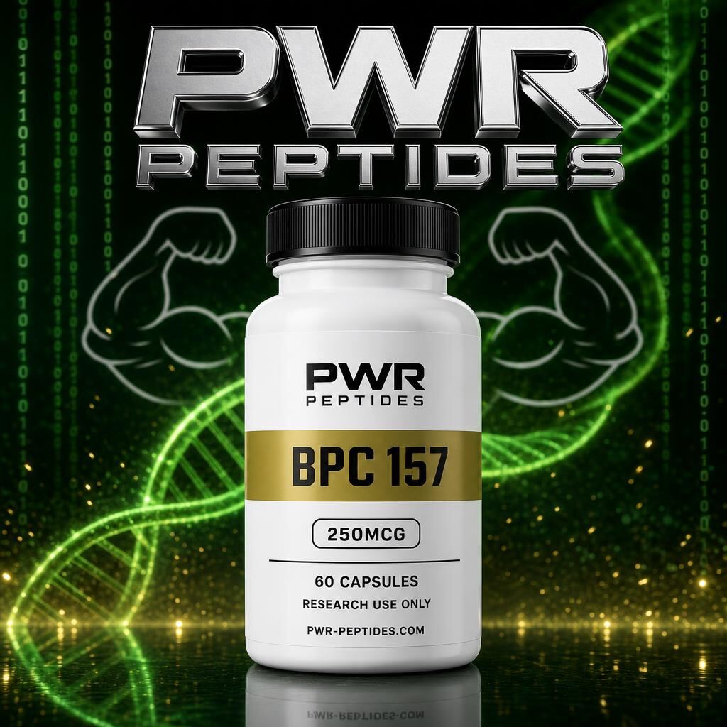 BPC 157 250mcg research capsules — 60 caps bottle. Tissue-repair research peptide in oral capsule form. Recovery & Repair category, third-party tested by PWR Peptides.