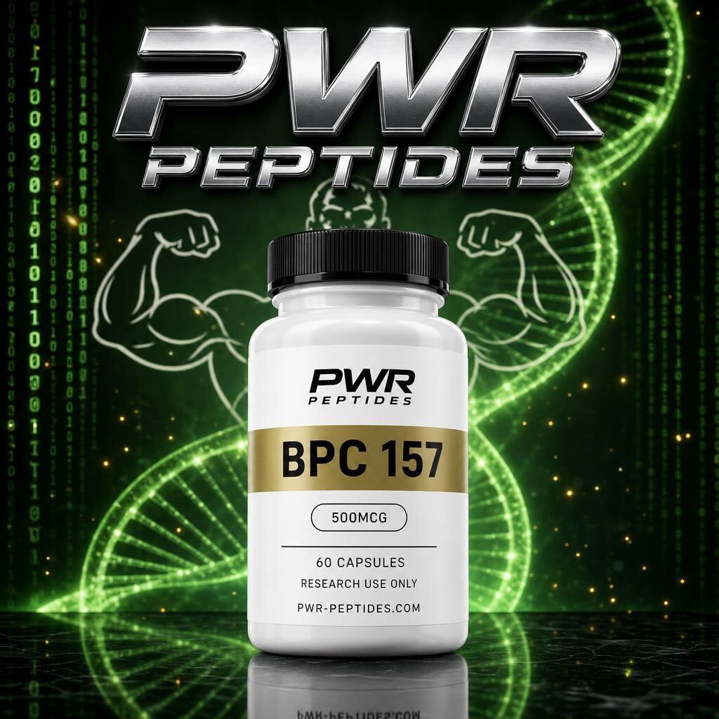 BPC 157 500mcg research capsules — 60 caps bottle. Higher-strength tissue-repair research capsule. Recovery & Repair category, third-party tested by PWR Peptides.