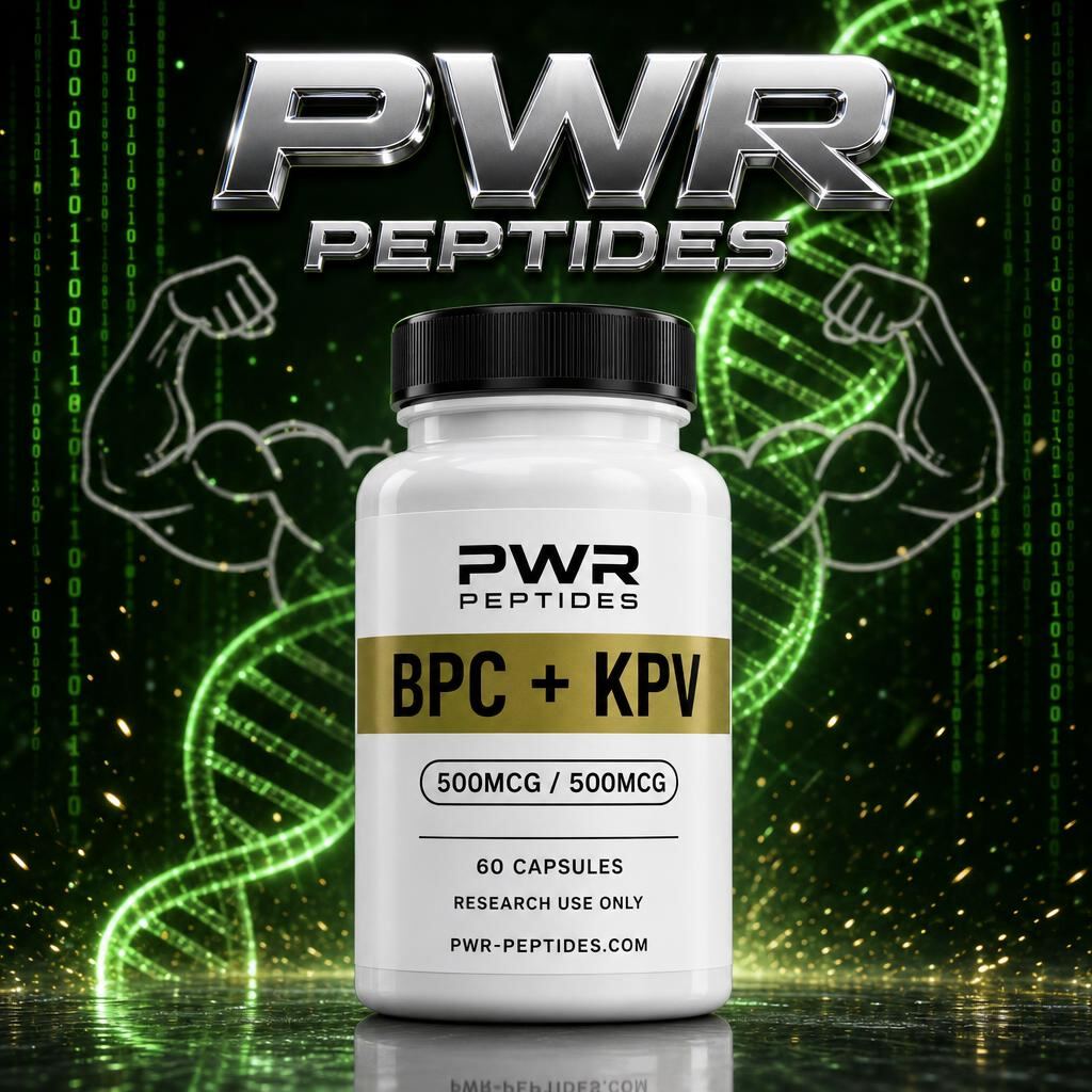 BPC + KPV 500mcg / 500mcg research capsules — 60 caps bottle. Repair + anti-inflammatory research blend capsule. Recovery & Repair category, third-party tested by PWR Peptides.