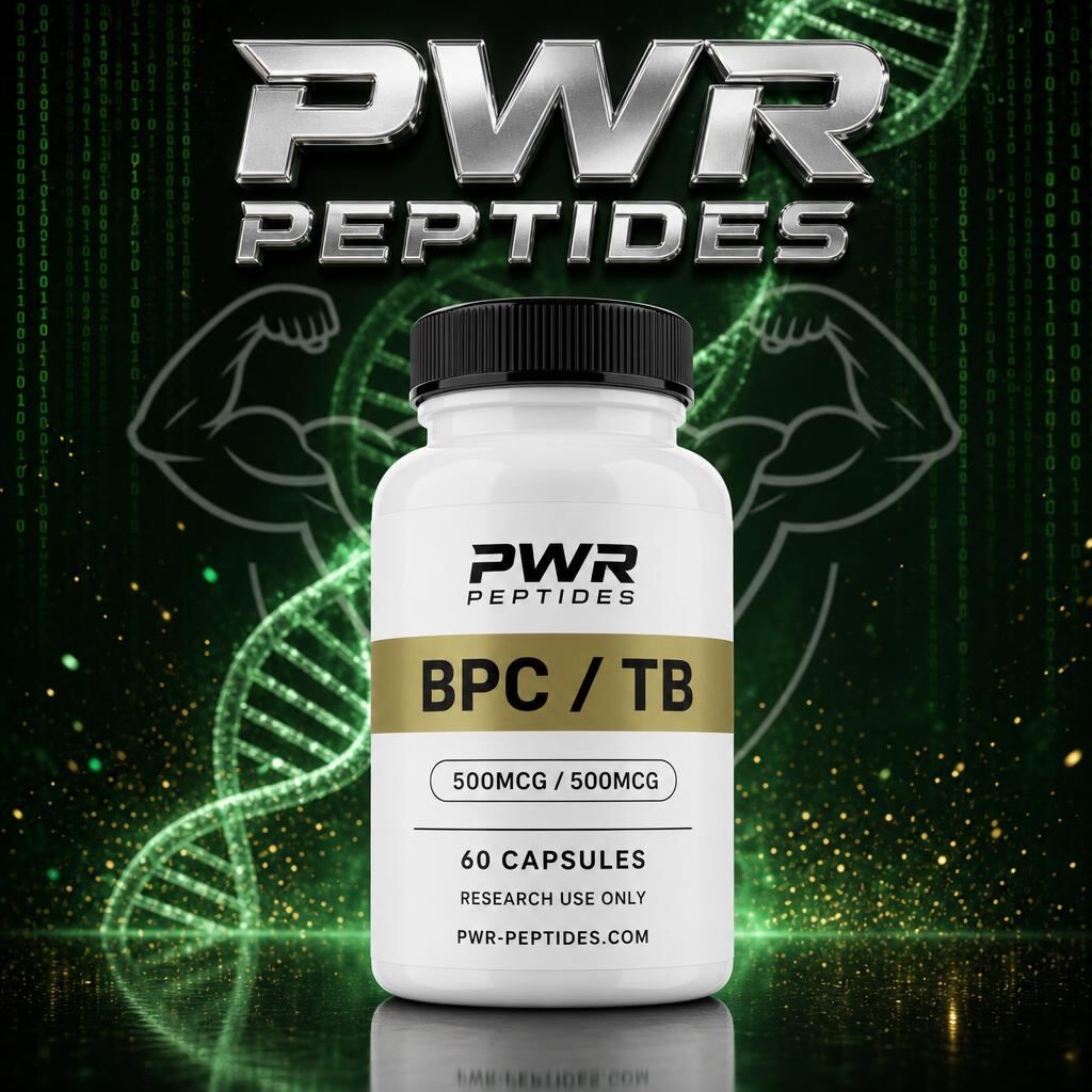 BPC / TB 500mcg / 500mcg research capsules — 60 caps bottle. Dual repair-pathway research blend capsule. Recovery & Repair category, third-party tested by PWR Peptides.