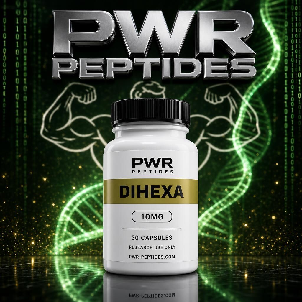 Dihexa 10mg research capsules — 30 caps bottle. High-strength neurotrophic research capsule. Longevity & Cognition category, third-party tested by PWR Peptides.
