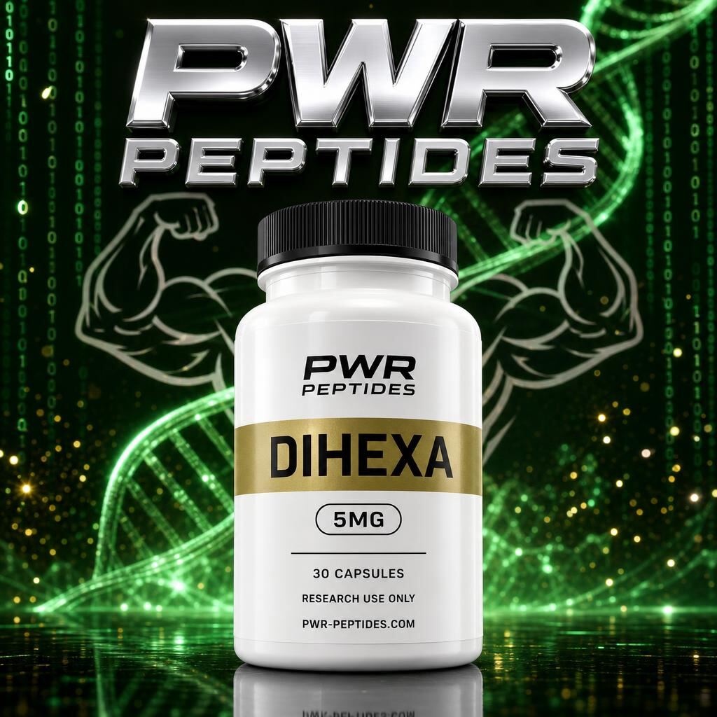 Dihexa 5mg research capsules — 30 caps bottle. Neurotrophic research capsule. Longevity & Cognition category, third-party tested by PWR Peptides.