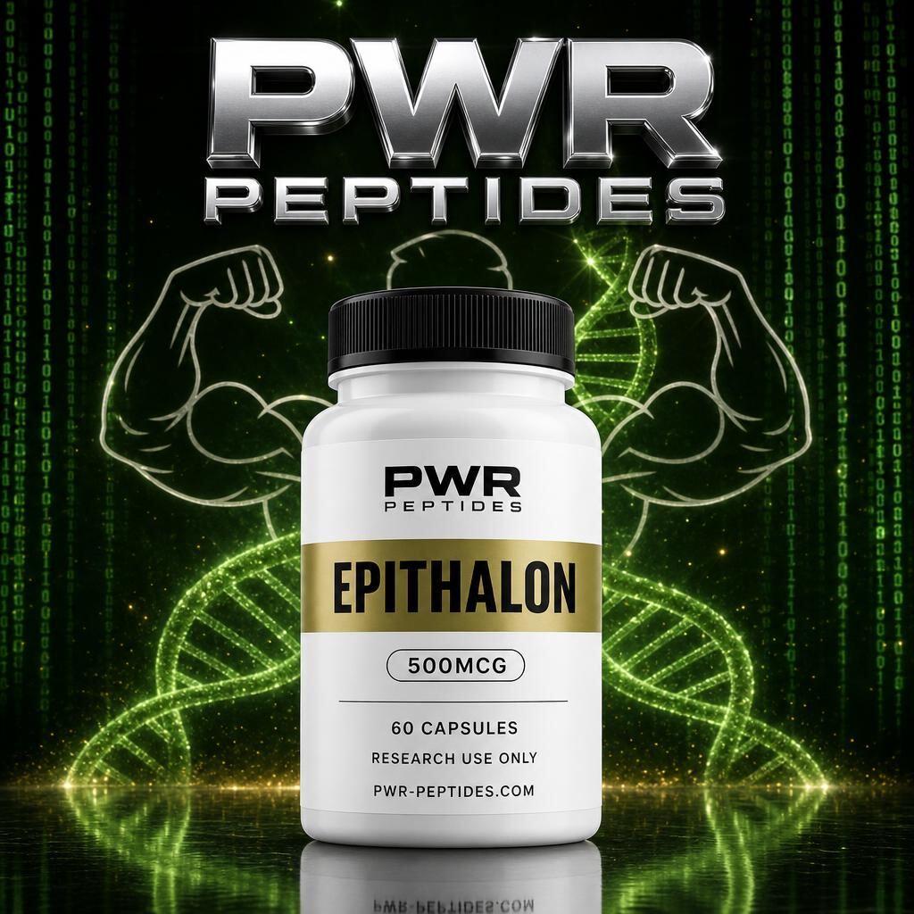 Epithalon 500mcg research capsules — 60 caps bottle. Standard-strength longevity research capsule. Longevity & Cognition category, third-party tested by PWR Peptides.