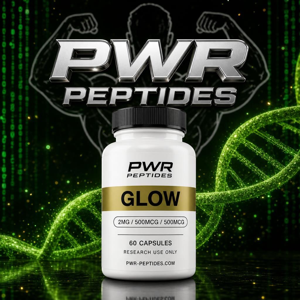 Glow 2mg / 500mcg / 500mcg research capsules — 60 caps bottle. Three-peptide skin & regeneration research blend. Skin & Wellness category, third-party tested by PWR Peptides.