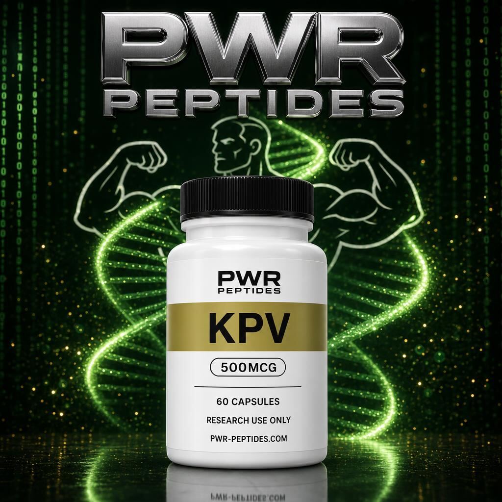 KPV 500mcg research capsules — 60 caps bottle. Anti-inflammatory tripeptide research capsule. Recovery & Repair category, third-party tested by PWR Peptides.
