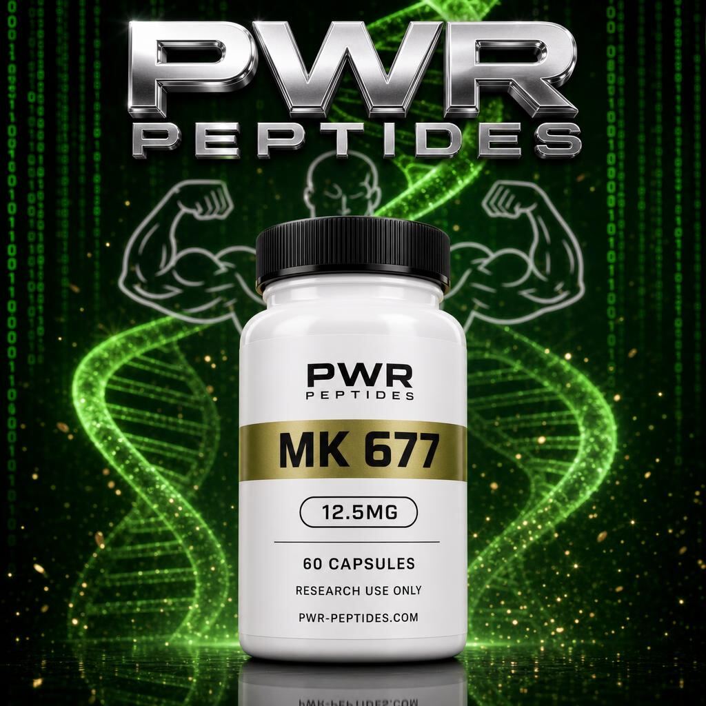 MK 677 12.5mg research capsules — 60 caps bottle. Half-strength GH secretagogue research capsule. Performance & Recovery category, third-party tested by PWR Peptides.