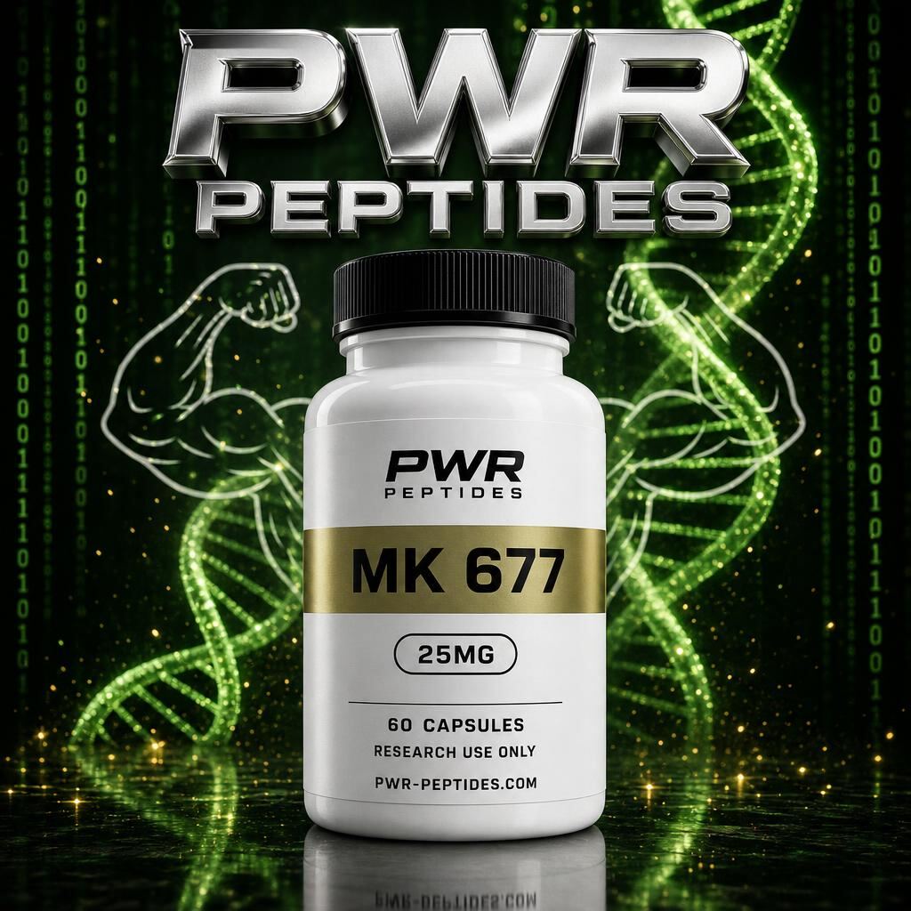MK 677 25mg research capsules — 60 caps bottle. Growth hormone secretagogue research capsule. Performance & Recovery category, third-party tested by PWR Peptides.