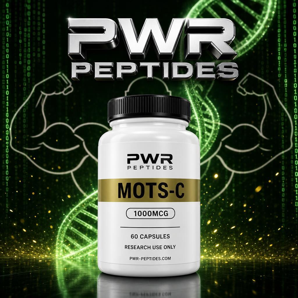 MOTS-c 1000mcg research capsules — 60 caps bottle. High-strength mitochondrial peptide capsule. Performance & Recovery category, third-party tested by PWR Peptides.