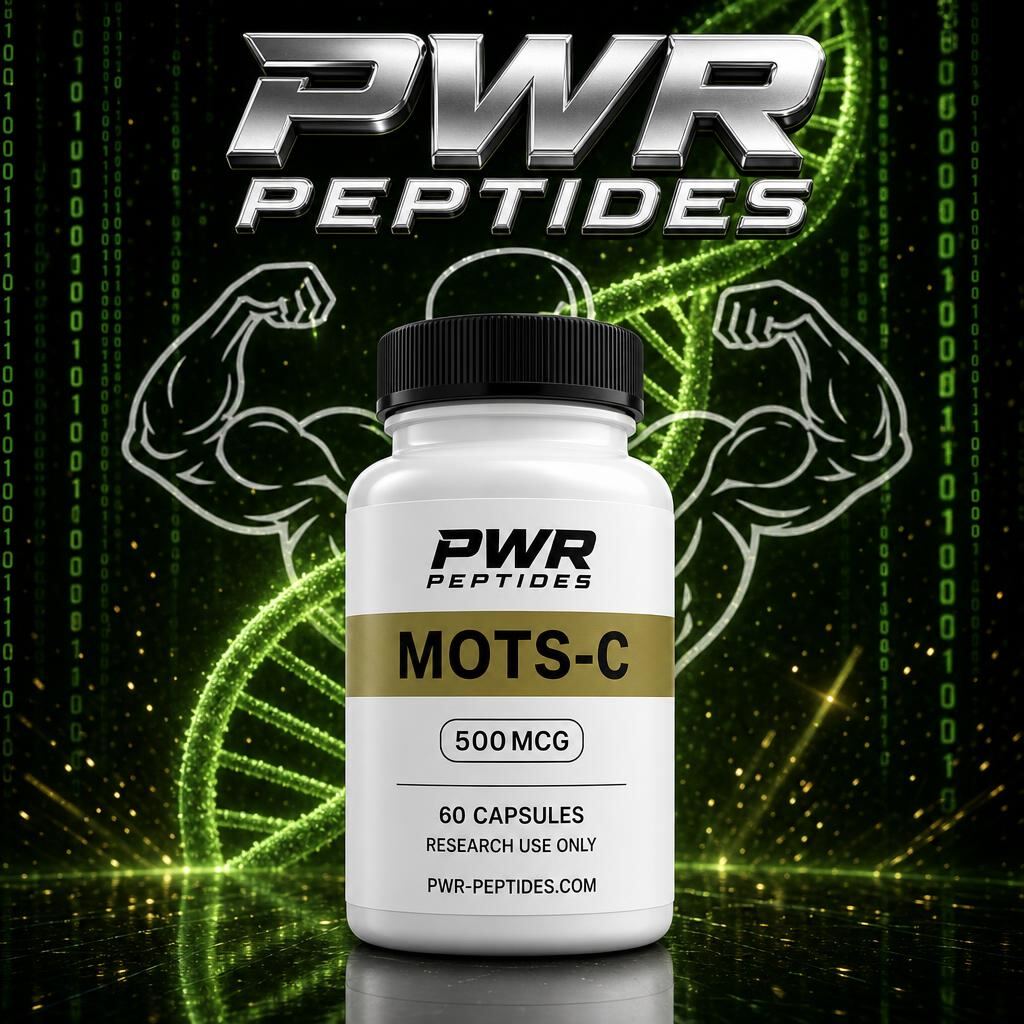 MOTS-c 500mcg research capsules — 60 caps bottle. Mitochondrial-derived peptide research capsule. Performance & Recovery category, third-party tested by PWR Peptides.