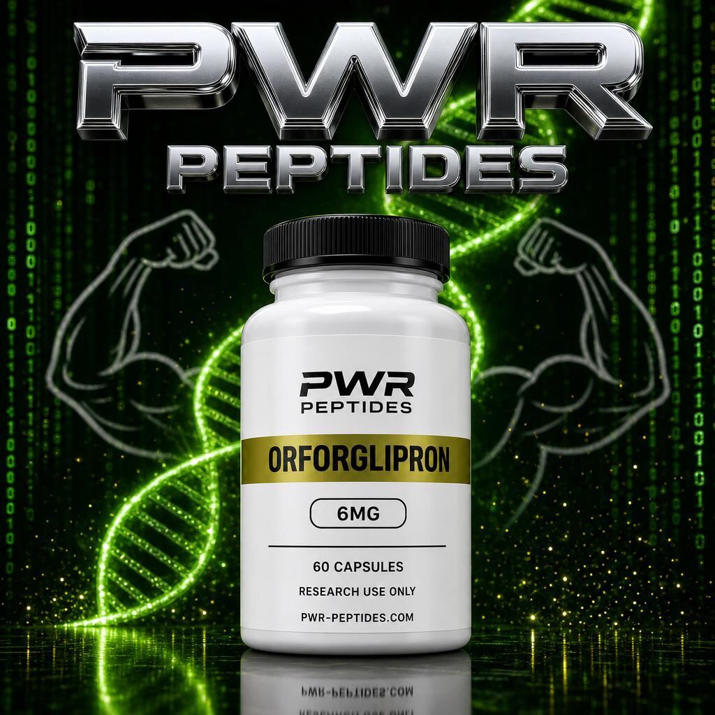 Orforglipron 6mg research capsules — 60 caps bottle. Oral small-molecule GLP-1 research compound. Weight Management category, third-party tested by PWR Peptides.