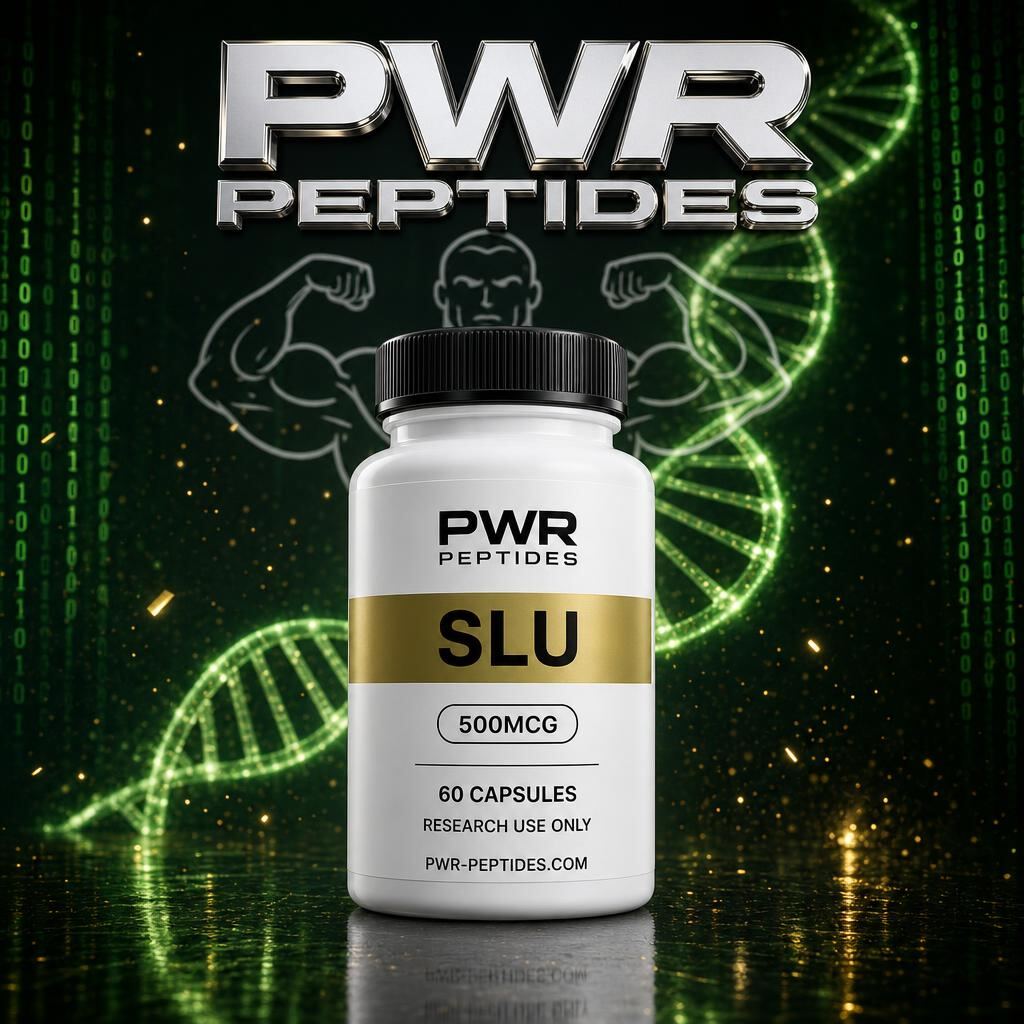 SLU Caps 500mcg research capsules — 60 caps bottle. Mid-strength exercise-mimetic research capsule. Weight Management category, third-party tested by PWR Peptides.