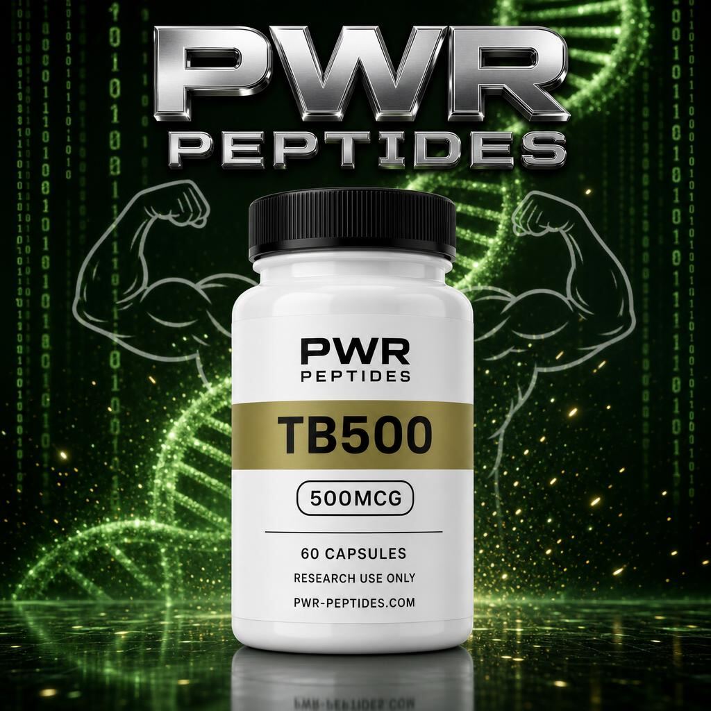 TB500 500mcg research capsules — 60 caps bottle. Actin-binding research peptide capsule. Recovery & Repair category, third-party tested by PWR Peptides.