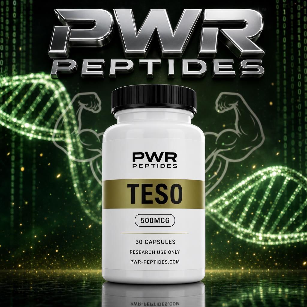 Teso Caps 500mcg research capsules — 30 caps bottle. Triple monoamine reuptake research capsule. Weight Management category, third-party tested by PWR Peptides.