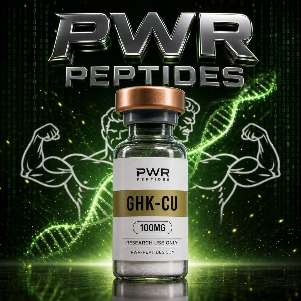 GHK-CU 100mg research peptide vial — Copper tripeptide studied for skin, collagen & regeneration. Skin & Wellness category. Pharmaceutical-grade, third-party tested by PWR Peptides.