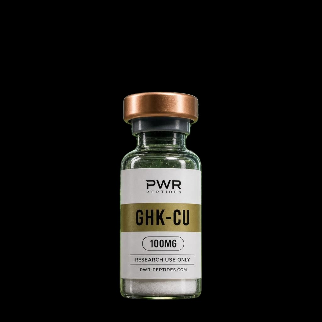 GHK-Cu 100mg research peptide vial — Copper tripeptide studied in collagen & copper-binding research. Copper & Blend Peptides category. Pharmaceutical-grade, third-party tested by PWR Peptides.