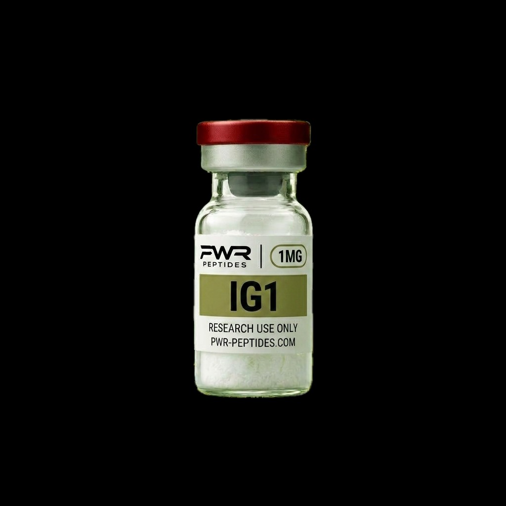 IGF-1 LR3 1mg research peptide vial — Insulin-like Growth Factor analog for receptor research. Signaling Peptides category. Pharmaceutical-grade, third-party tested by PWR Peptides.