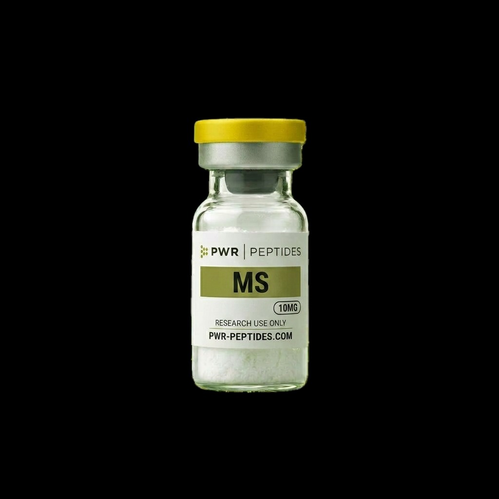 MOTS-C 10mg research peptide vial — Mitochondrial-derived peptide for cellular research. Signaling Peptides category. Pharmaceutical-grade, third-party tested by PWR Peptides.