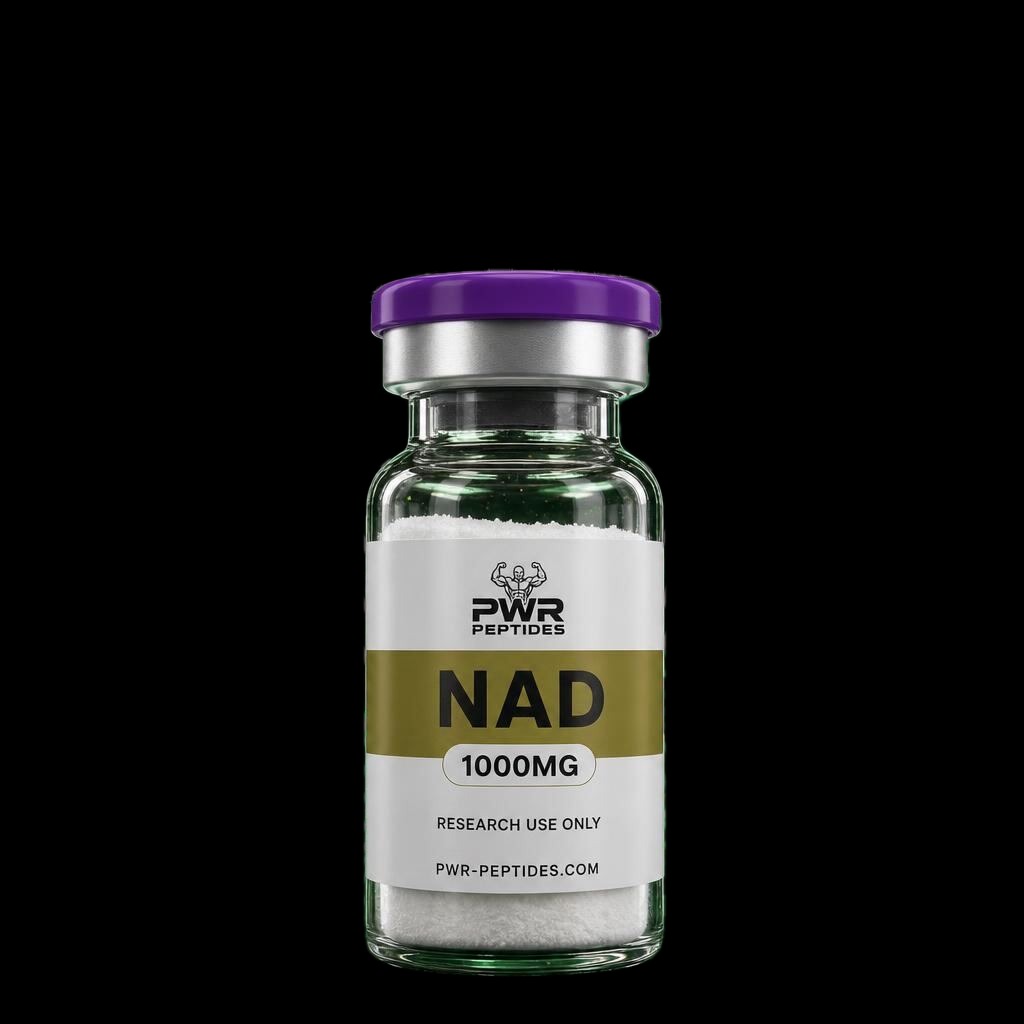 NAD 1000mg research peptide vial — Cellular redox coenzyme for laboratory research. Cellular Research category. Pharmaceutical-grade, third-party tested by PWR Peptides.