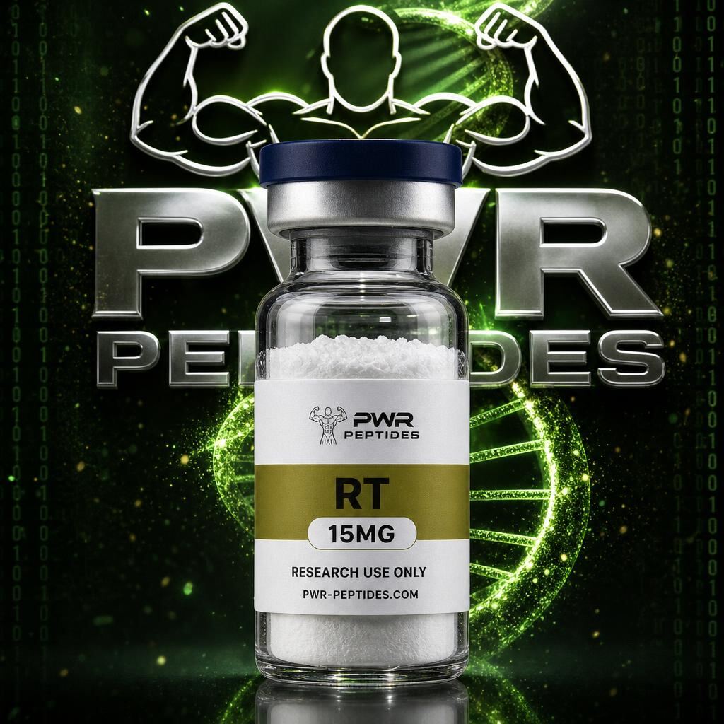 RT 15mg research peptide vial — Triple-action GLP-1/GIP/Glucagon receptor agonist. Weight Management category. Pharmaceutical-grade, third-party tested by PWR Peptides.
