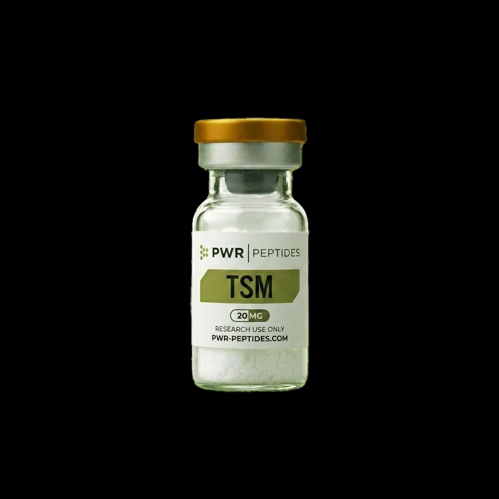 Tesamorelin 20mg research peptide vial — GHRH analog studied for GHRH-axis signaling. Receptor Agonist Research category. Pharmaceutical-grade, third-party tested by PWR Peptides.