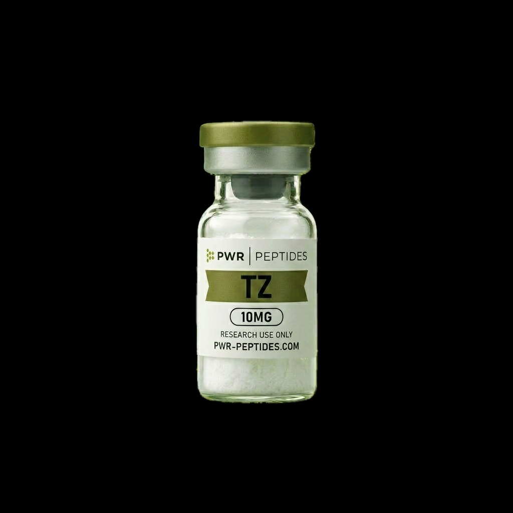 Tirzepatide 10mg research peptide vial — Dual-action GLP-1/GIP receptor agonist. Receptor Agonist Research category. Pharmaceutical-grade, third-party tested by PWR Peptides.