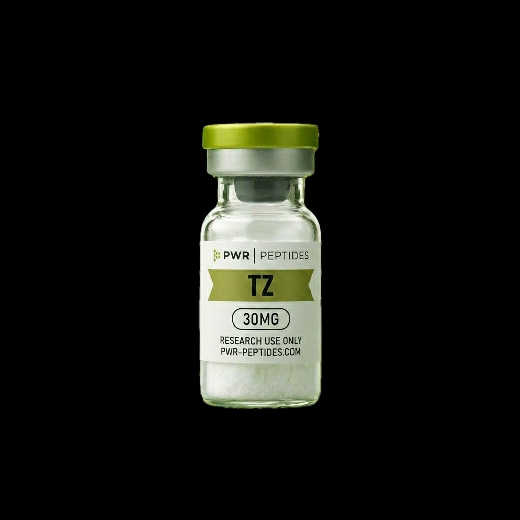 Tirzepatide 30mg research peptide vial — Dual-action GLP-1/GIP receptor agonist. Receptor Agonist Research category. Pharmaceutical-grade, third-party tested by PWR Peptides.